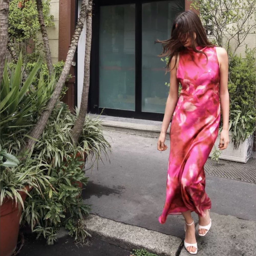 NWT Zara Pink Floral Midi Dress